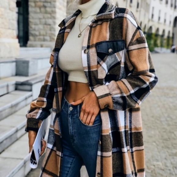 Camel Black plaid Coat - Picture 1 of 3